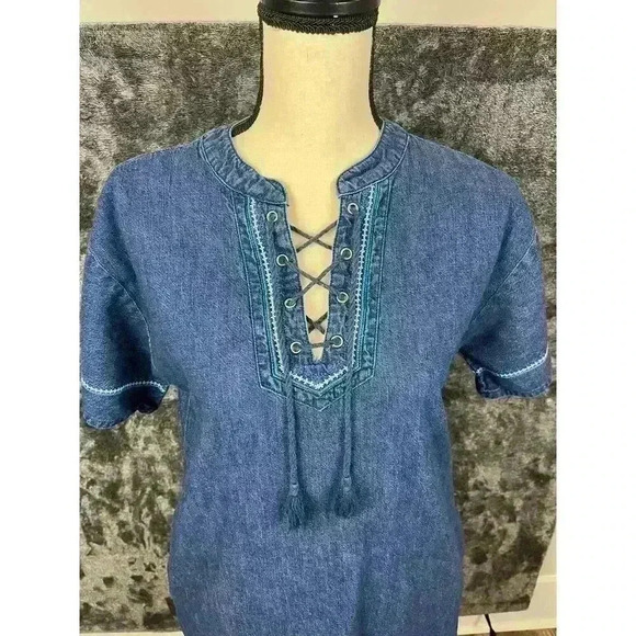 Vtg Lauren Ralph Lauren Denim Shift Dress Pockets Lace Up Front Short Sleeve 2 - Picture 2 of 13